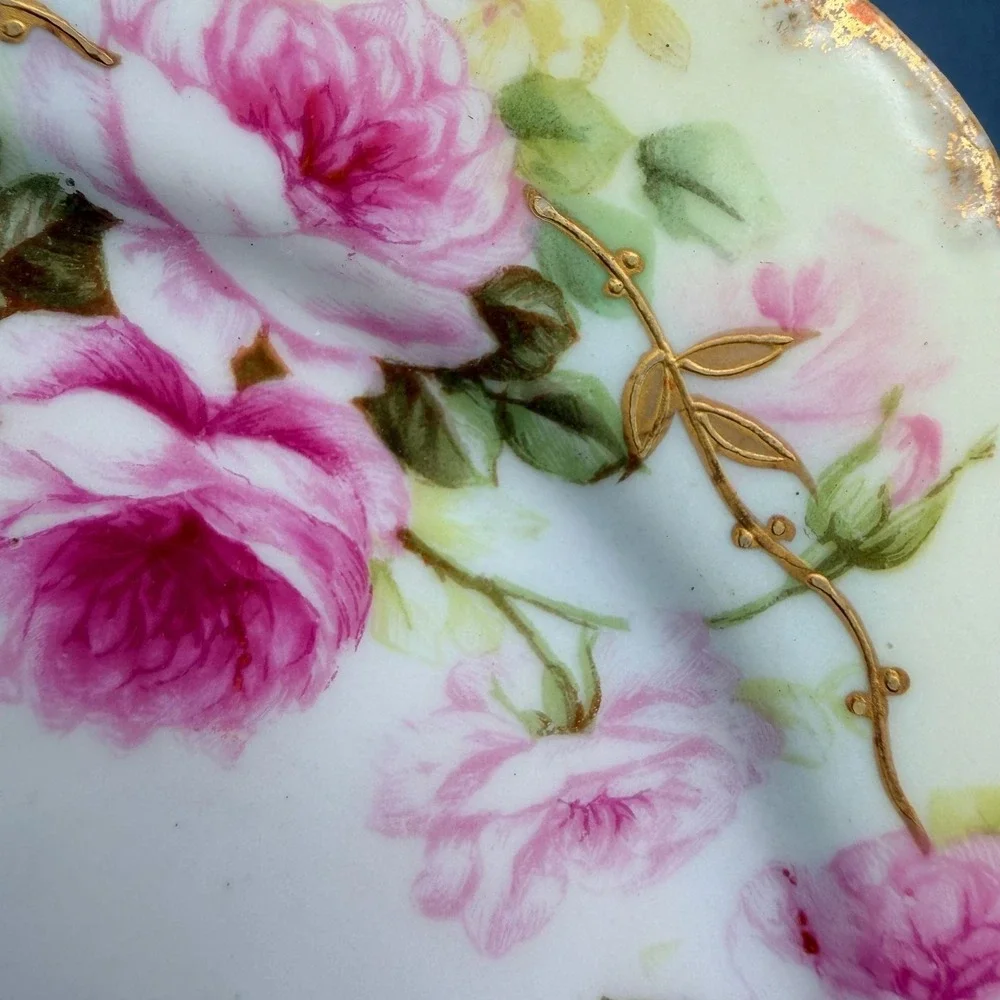 Elite Limoges France Gold Trim Pink White Rose Plate